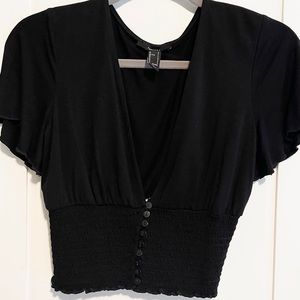 FOREVER 21 Black Button Down V-Neck Crop Top - Small